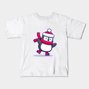 Cute Penguin Ice Skating Winter Kids T-Shirt